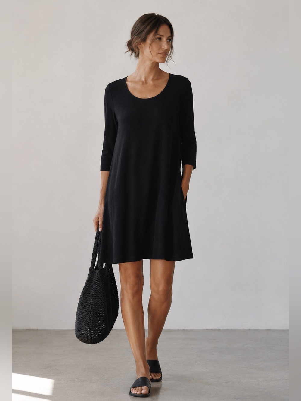 Eileen Fisher Black 100% Linen Swing Tunic Dress 3/4 Sleeve Minimalist Classic